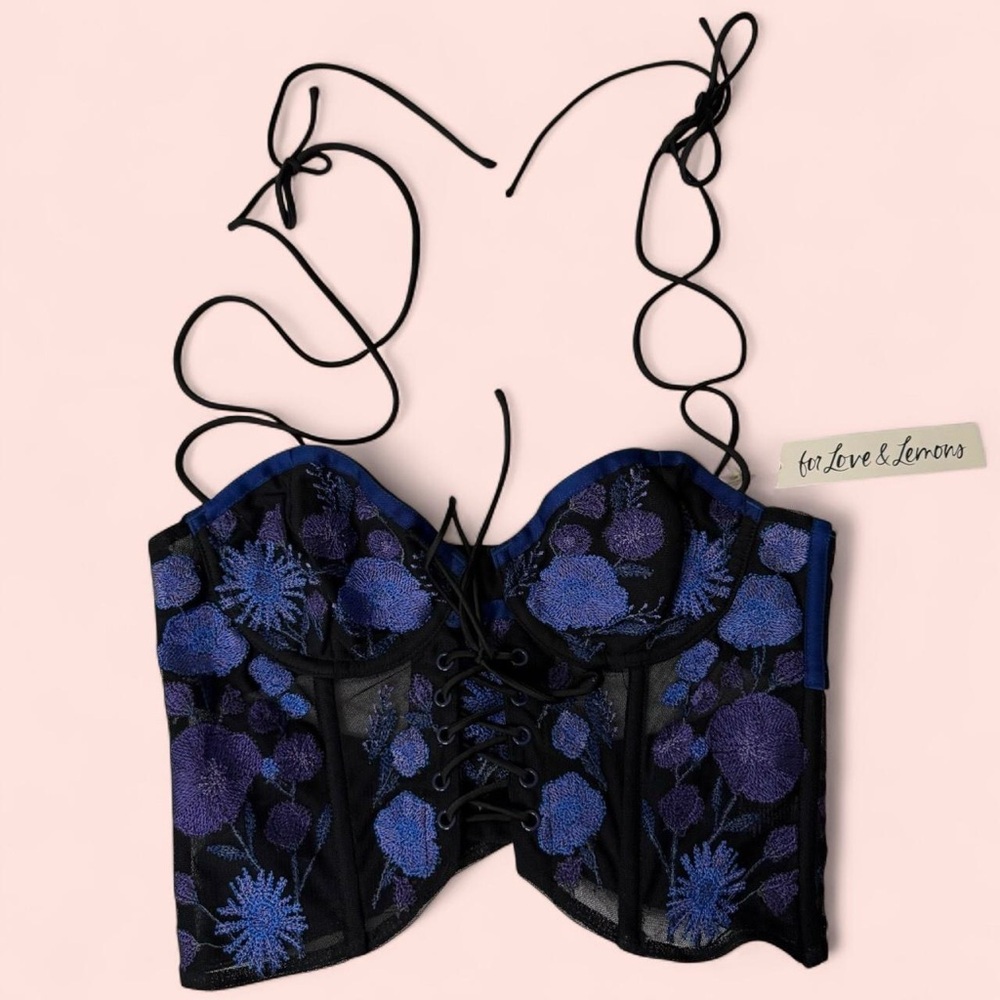 For Love And Lemons Black and Blue Floral Lace Corset